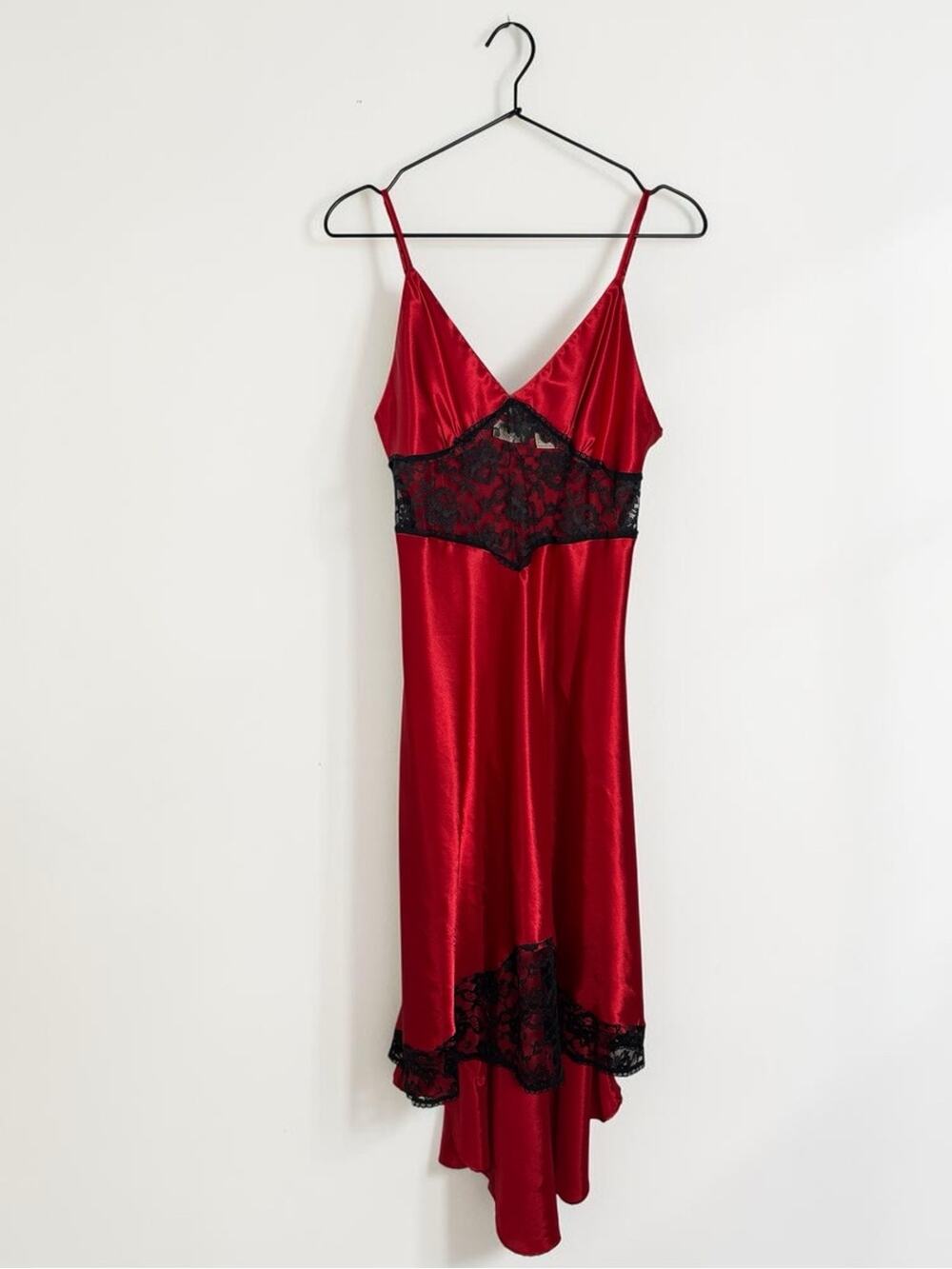Vintage Victoria's Secret Gold Label Red Satin & Black Lace High Low Slip Dress